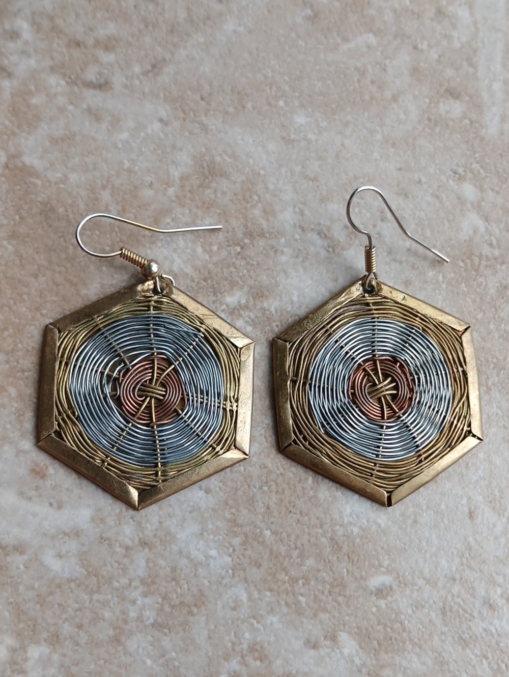 Artisan Hexagonal Multi-Tone Wire Inset Drop Earrings in Brass, Silver & Copper